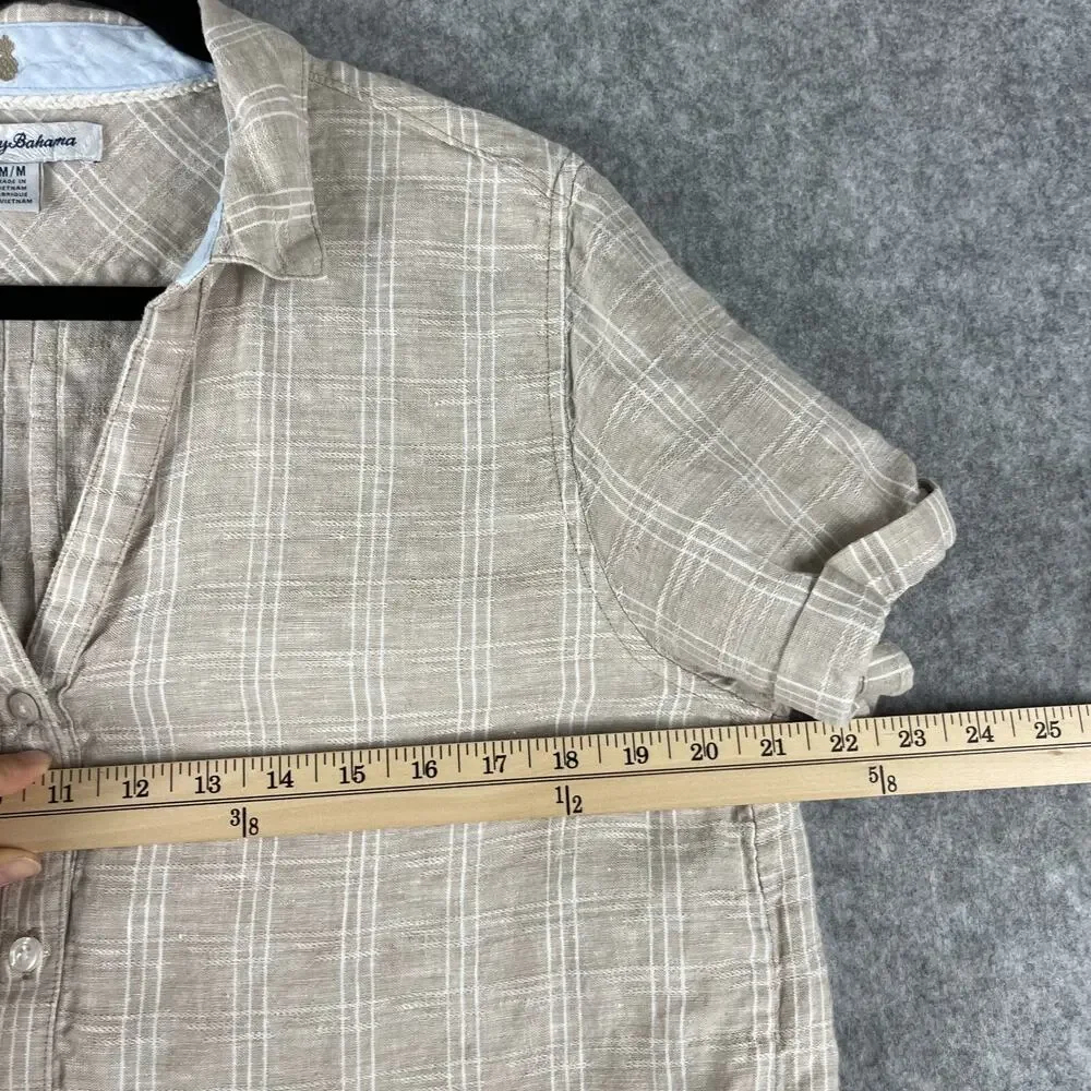 Tommy Bahama Linen Top Womens Medium Beige Plaid Short Sleeve Coastal Beachy - Picture 6 of 12